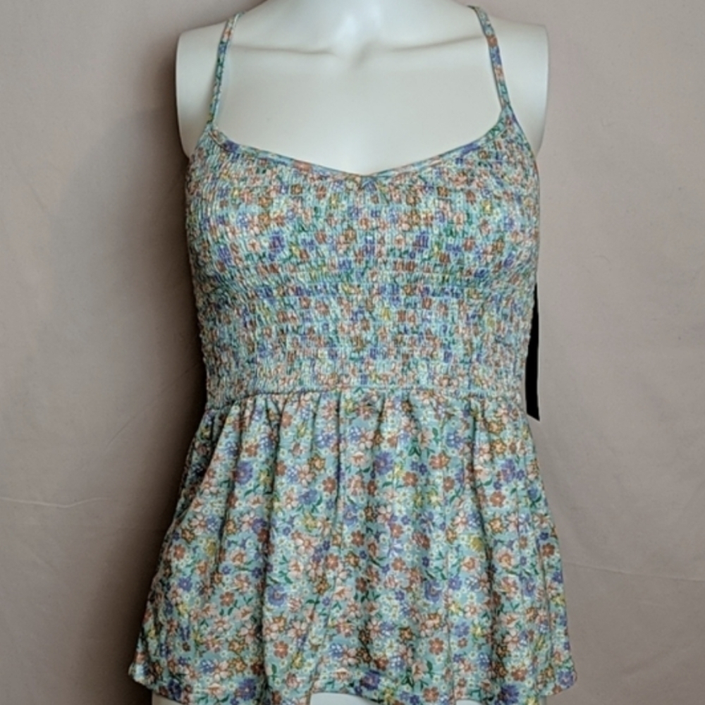 Almost Famous Smocked Blue Green and Orange Floral Print Top Size Medium